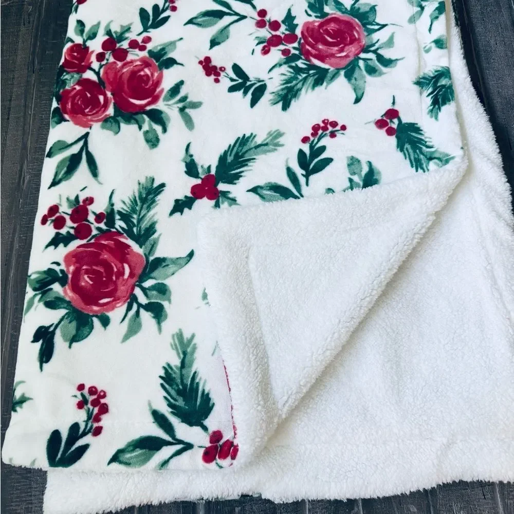 Floral Rose Plush Sherpa Fleece Soft Throw Blanket